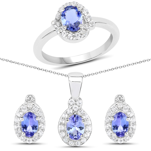 Tanzanite-3.72 Carat Genuine Tanzanite and White Topaz .925 Sterling Silver 3 Piece Jewelry Set (Ring, Earrings, and Pendant w/ Chain)