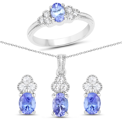 Tanzanite-1.93 Carat Genuine Tanzanite and White Topaz .925 Sterling Silver 3 Piece Jewelry Set (Ring, Earrings, and Pendant w/ Chain)
