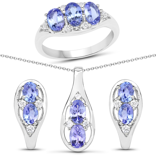 Tanzanite-3.23 Carat Genuine Tanzanite and White Topaz .925 Sterling Silver 3 Piece Jewelry Set (Ring, Earrings, and Pendant w/ Chain)