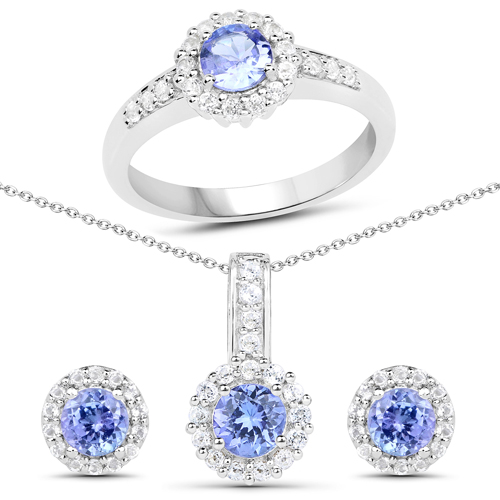 Tanzanite-2.81 Carat Genuine Tanzanite and White Topaz .925 Sterling Silver 3 Piece Jewelry Set (Ring, Earrings, and Pendant w/ Chain)