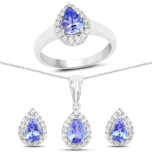 Tanzanite-3.00 Carat Genuine Tanzanite and White Topaz .925 Sterling Silver 3 Piece Jewelry Set (Ring, Earrings, and Pendant w/ Chain)