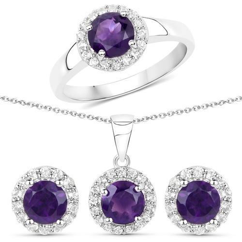 Amethyst-3.25 Carat Genuine Amethyst and White Topaz .925 Sterling Silver 3 Piece Jewelry Set (Ring, Earrings, and Pendant w/ Chain)
