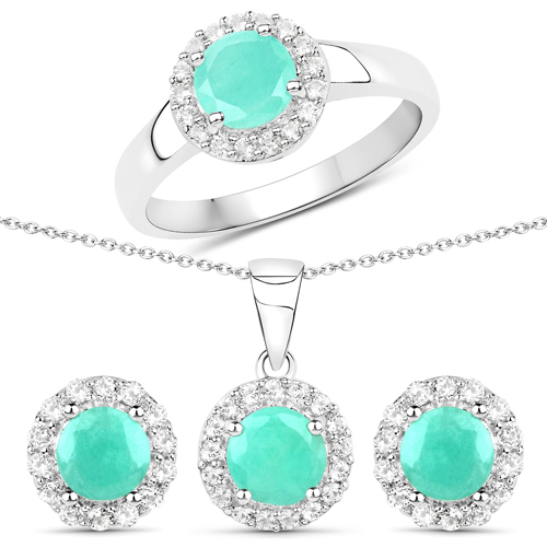 Emerald-3.29 Carat Genuine Emerald and White Topaz .925 Sterling Silver 3 Piece Jewelry Set (Ring, Earrings, and Pendant w/ Chain)