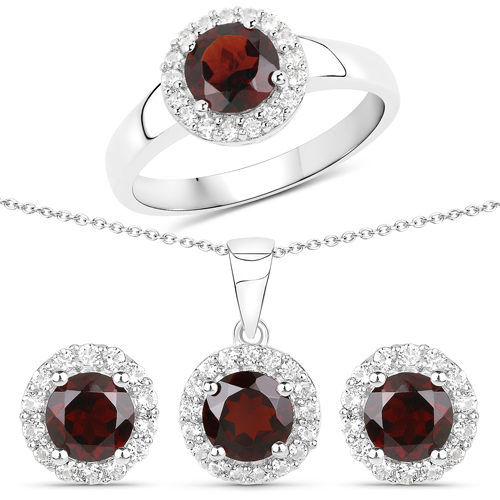 Garnet-4.13 Carat Genuine Garnet and White Topaz .925 Sterling Silver 3 Piece Jewelry Set (Ring, Earrings, and Pendant w/ Chain)