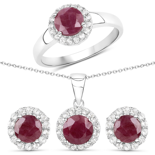Ruby-4.03 Carat Genuine Ruby and White Topaz .925 Sterling Silver 3 Piece Jewelry Set (Ring, Earrings, and Pendant w/ Chain)