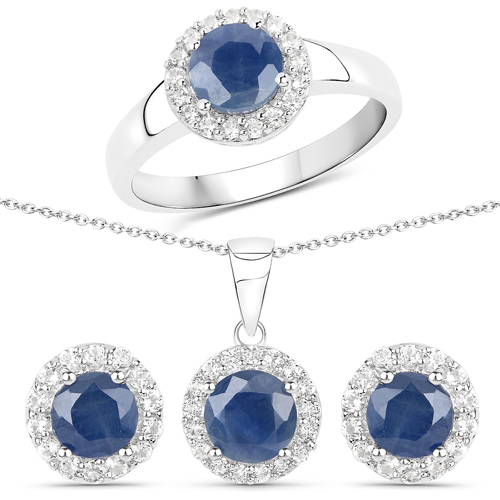Sapphire-4.13 Carat Genuine Blue Sapphire and White Topaz .925 Sterling Silver 3 Piece Jewelry Set (Ring, Earrings, and Pendant w/ Chain)