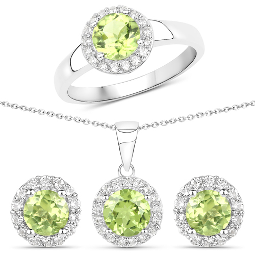 Peridot-3.55 Carat Genuine Peridot and White Topaz .925 Sterling Silver 3 Piece Jewelry Set (Ring, Earrings, and Pendant w/ Chain)