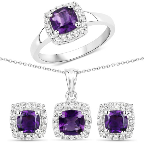 Amethyst-3.62 Carat Genuine Amethyst and White Topaz .925 Sterling Silver 3 Piece Jewelry Set (Ring, Earrings, and Pendant w/ Chain)