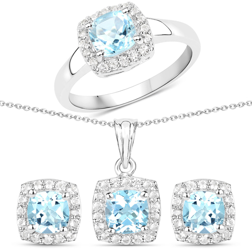 Jewelry Sets-4.62 Carat Genuine Blue Topaz and White Topaz .925 Sterling Silver 3 Piece Jewelry Set (Ring, Earrings, and Pendant w/ Chain)