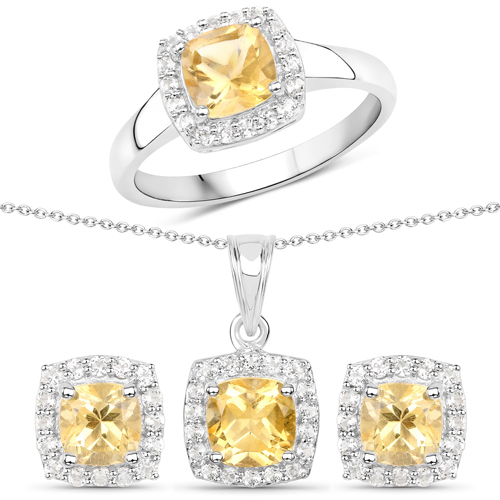 Citrine-3.56 Carat Genuine Citrine and White Topaz .925 Sterling Silver 3 Piece Jewelry Set (Ring, Earrings, and Pendant w/ Chain)
