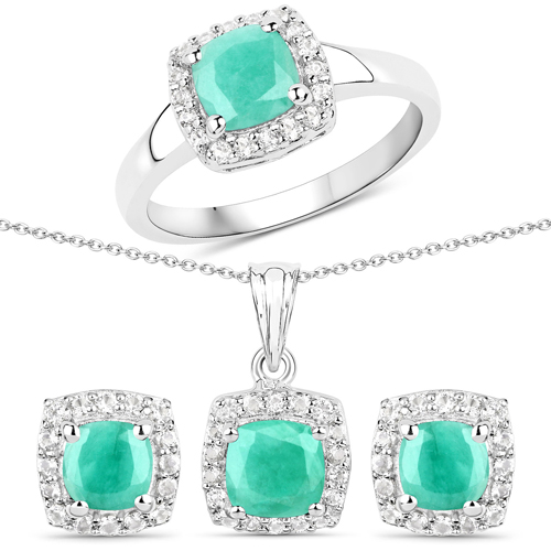 Emerald-3.52 Carat Genuine Emerald and White Topaz .925 Sterling Silver 3 Piece Jewelry Set (Ring, Earrings, and Pendant w/ Chain)