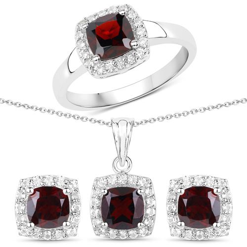 Garnet-4.76 Carat Genuine Garnet and White Topaz .925 Sterling Silver 3 Piece Jewelry Set (Ring, Earrings, and Pendant w/ Chain)