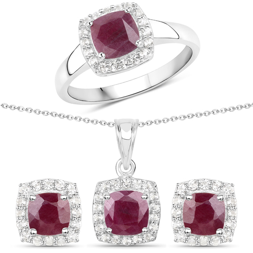 Ruby-4.82 Carat Genuine Ruby and White Topaz .925 Sterling Silver 3 Piece Jewelry Set (Ring, Earrings, and Pendant w/ Chain)