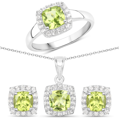 Peridot-4.12 Carat Genuine Peridot and White Topaz .925 Sterling Silver 3 Piece Jewelry Set (Ring, Earrings, and Pendant w/ Chain)