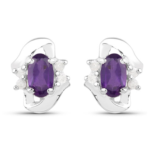 Amethyst-0.63 Carat Genuine Amethyst and White Diamond .925 Sterling Silver Earrings