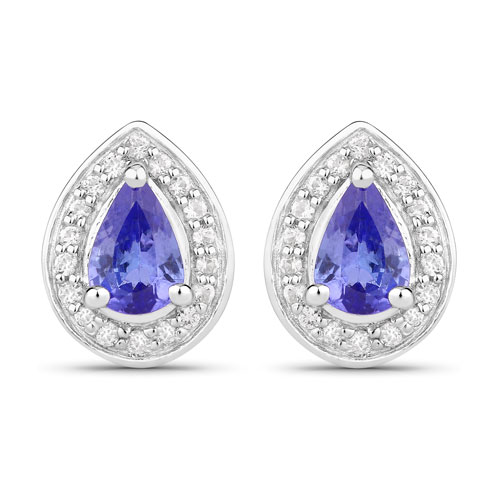 Earrings-0.95 Carat Genuine Tanzanite and Created White Sapphire .925 Sterling Silver Earrings