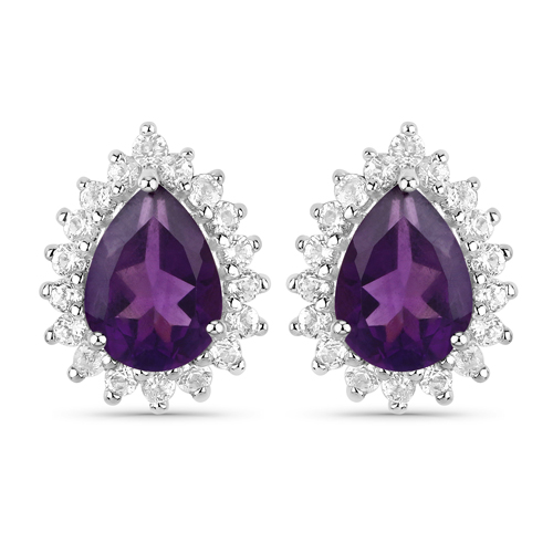 Amethyst-18K White Gold Plated 1.90 Carat Genuine Amethyst and White Topaz .925 Sterling Silver Earrings