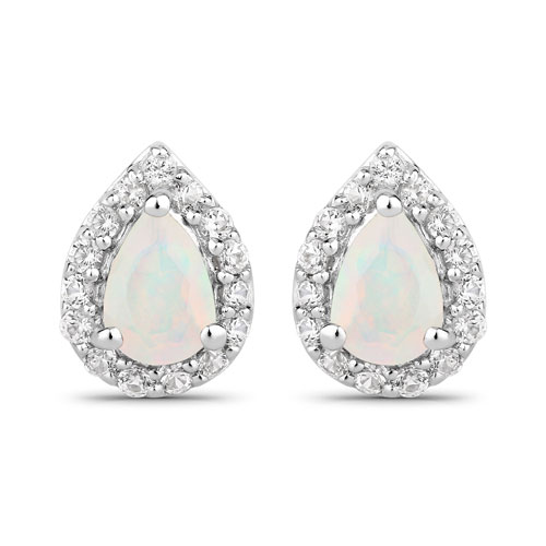 Opal-1.10 Carat Genuine Ethiopian Opal and Created White Sapphire .925 Sterling Silver Earrings