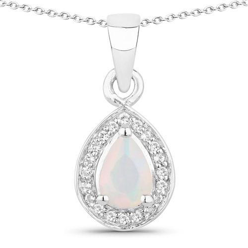 Opal-0.53 Carat Genuine Ethiopian Opal and Created White Sapphire .925 Sterling Silver Pendant