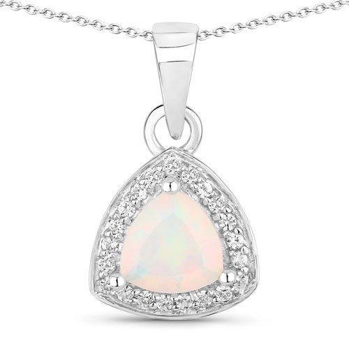Opal-0.51 Carat Genuine Ethiopian Opal and Created White Sapphire .925 Sterling Silver Pendant