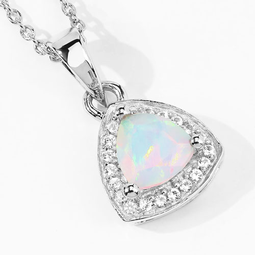 0.51 Carat Genuine Ethiopian Opal and Created White Sapphire .925 Sterling Silver Pendant