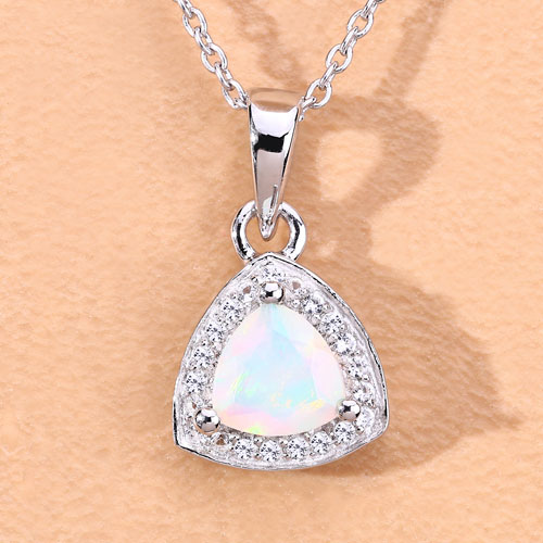 0.51 Carat Genuine Ethiopian Opal and Created White Sapphire .925 Sterling Silver Pendant