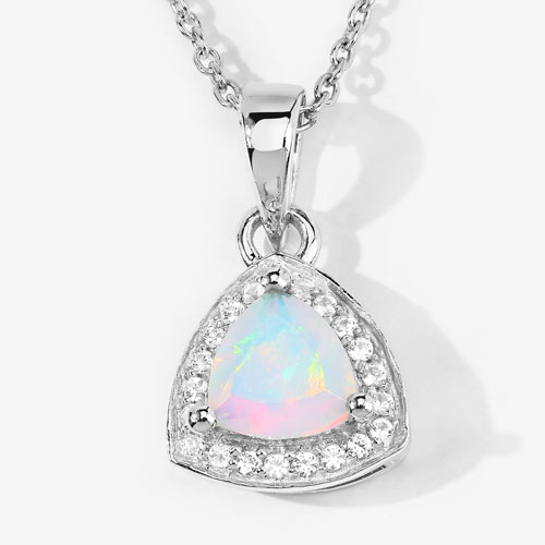 0.51 Carat Genuine Ethiopian Opal and Created White Sapphire .925 Sterling Silver Pendant