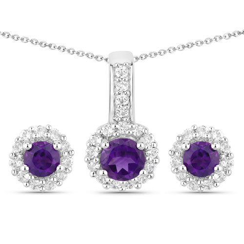 Amethyst-1.90 Carat Genuine Amethyst and White Topaz .925 Sterling Silver 2 Piece Jewelry Set (Earrings, and Pendant w/ Chain)