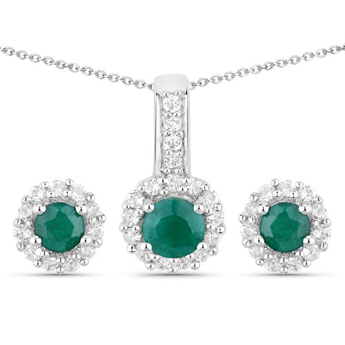 Emerald-1.81 Carat Dyed Emerald and White Topaz .925 Sterling Silver Jewelry Set