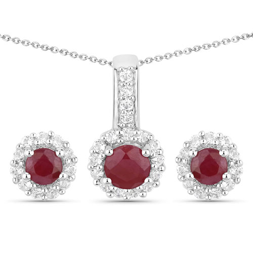Ruby-2.17 Carat Genuine Ruby and White Topaz .925 Sterling Silver Jewelry Set