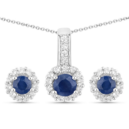 Sapphire-2.17 Carat Genuine Blue Sapphire and White Topaz .925 Sterling Silver Jewelry Set