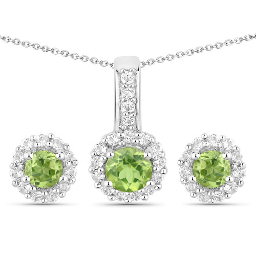 Peridot-1.98 Carat Genuine Peridot and White Topaz .925 Sterling Silver 2 Piece Jewelry Set (Earrings, and Pendant w/ Chain)