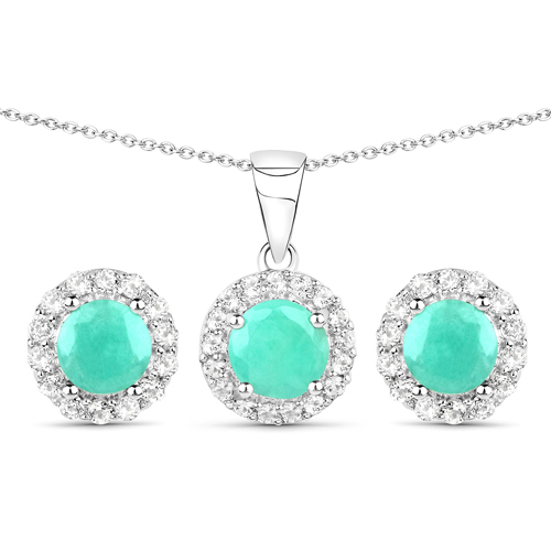 Emerald-2.29 Carat Genuine Emerald and White Topaz .925 Sterling Silver Jewelry Set (Earrings, and Pendant w/ Chain)