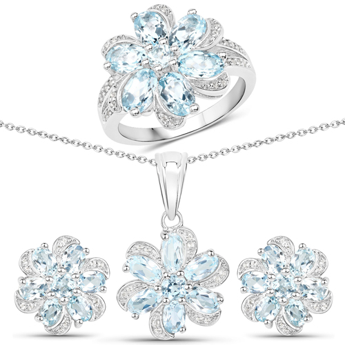 Jewelry Sets-9.44 Carat Genuine Blue Topaz and White Topaz .925 Sterling Silver 3 Piece Jewelry Set (Ring, Earrings, and Pendant w/ Chain)