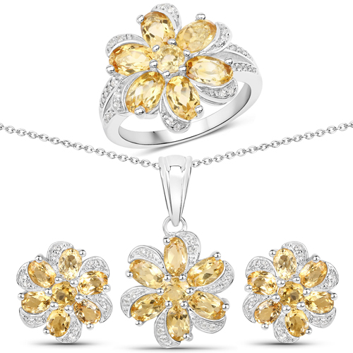 Citrine-7.92 Carat Genuine Citrine and White Topaz .925 Sterling Silver 3 Piece Jewelry Set (Ring, Earrings, and Pendant w/ Chain)