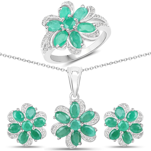 Emerald-7.84 Carat Genuine Emerald and White Topaz .925 Sterling Silver 3 Piece Jewelry Set (Ring, Earrings, and Pendant w/ Chain)