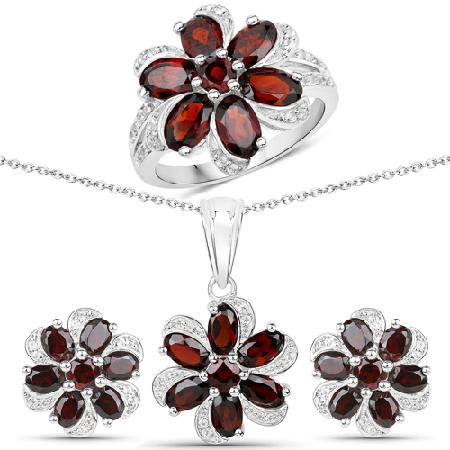 Garnet-9.60 Carat Genuine Garnet and White Topaz .925 Sterling Silver 3 Piece Jewelry Set (Ring, Earrings, and Pendant w/ Chain)
