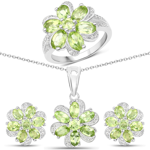 Peridot-8.04 Carat Genuine Peridot and White Topaz .925 Sterling Silver 3 Piece Jewelry Set (Ring, Earrings, and Pendant w/ Chain)