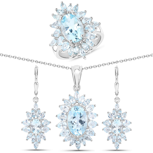 Jewelry Sets-19.18 Carat Genuine Blue Topaz .925 Sterling Silver 3 Piece Jewelry Set (Ring, Earrings, and Pendant w/ Chain)