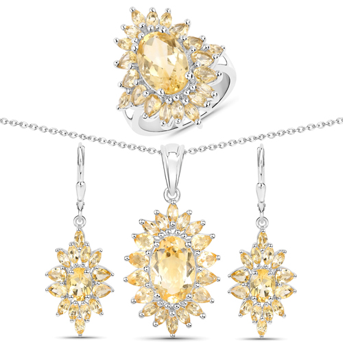 Citrine-14.78 Carat Genuine Citrine .925 Sterling Silver 3 Piece Jewelry Set (Ring, Earrings, and Pendant w/ Chain)
