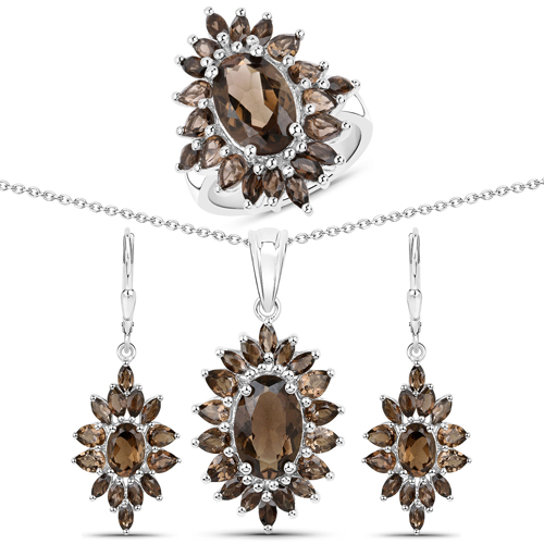 Jewelry Sets-16.36 Carat Genuine Smoky Quartz .925 Sterling Silver 3 Piece Jewelry Set (Ring, Earrings, and Pendant w/ Chain)