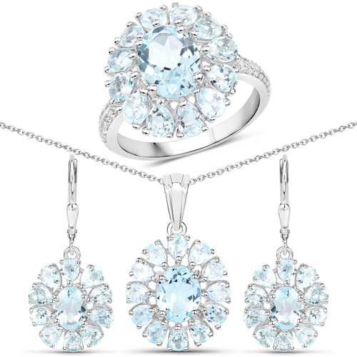 Jewelry Sets-14.02 Carat Genuine Blue Topaz and White Topaz .925 Sterling Silver 3 Piece Jewelry Set (Ring, Earrings, and Pendant w/ Chain)