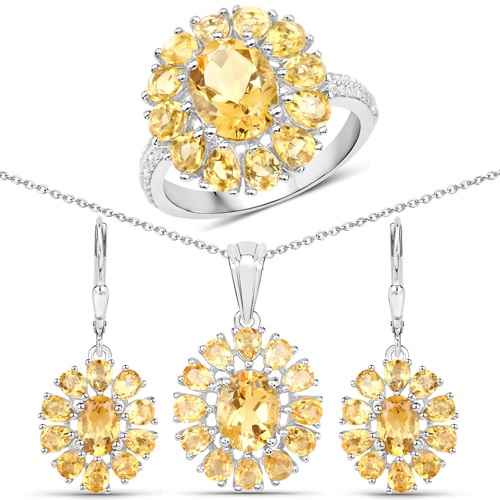 Citrine-12.24 Carat Genuine Citrine and White Topaz .925 Sterling Silver 3 Piece Jewelry Set (Ring, Earrings, and Pendant w/ Chain)