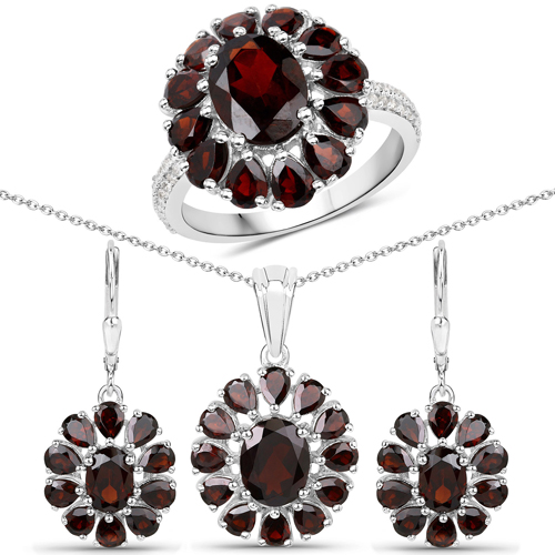 Garnet-13.82 Carat Genuine Garnet and White Topaz .925 Sterling Silver 3 Piece Jewelry Set (Ring, Earrings, and Pendant w/ Chain)