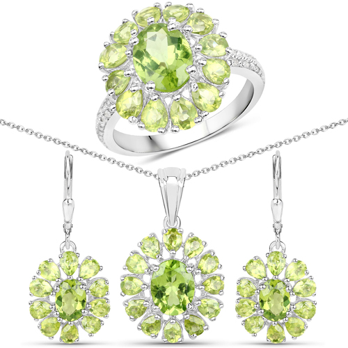 Peridot-12.30 Carat Genuine Peridot and White Topaz .925 Sterling Silver 3 Piece Jewelry Set (Ring, Earrings, and Pendant w/ Chain)