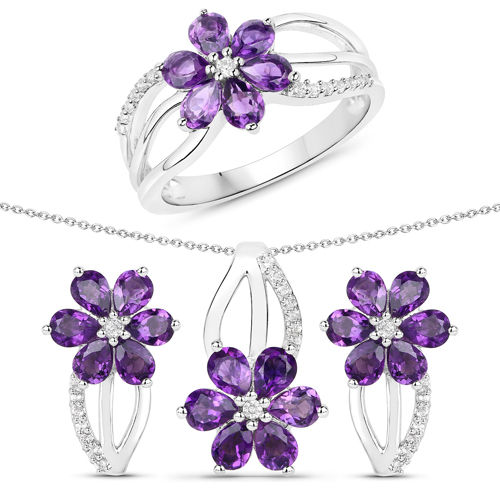 Amethyst-3.85 Carat Genuine Amethyst and White Topaz .925 Sterling Silver 3 Piece Jewelry Set (Ring, Earrings, and Pendant w/ Chain)