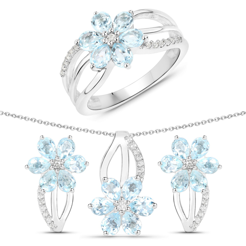 Jewelry Sets-4.57 Carat Genuine Blue Topaz and White Topaz .925 Sterling Silver 3 Piece Jewelry Set (Ring, Earrings, and Pendant w/ Chain)