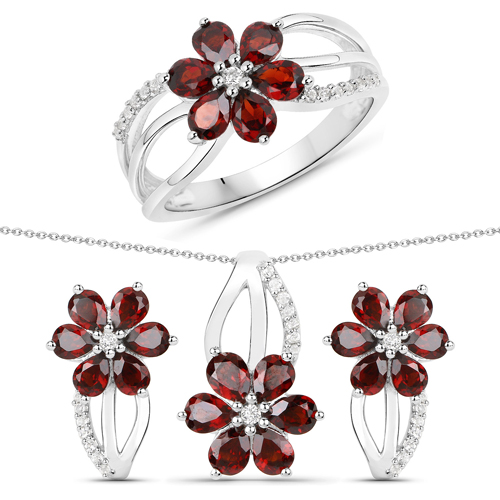 Garnet-4.57 Carat Genuine Garnet and White Topaz .925 Sterling Silver 3 Piece Jewelry Set (Ring, Earrings, and Pendant w/ Chain)