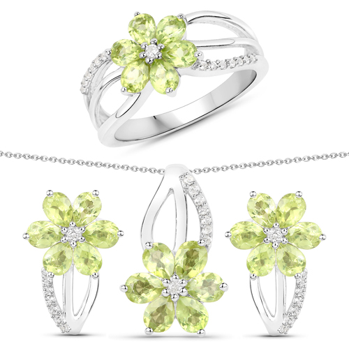 Peridot-4.09 Carat Genuine Peridot and White Topaz .925 Sterling Silver 3 Piece Jewelry Set (Ring, Earrings, and Pendant w/ Chain)