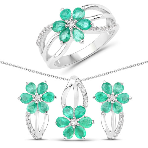 Emerald-3.61 Carat Genuine Emerald and White Topaz .925 Sterling Silver Set (Ring, Earrings, and Pendant )